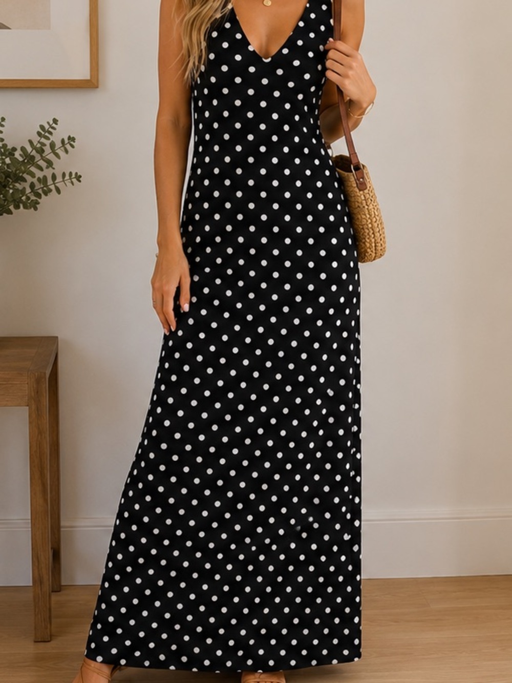 Camila Coelho Black and White Polka Dot V-Neck Maxi Dress